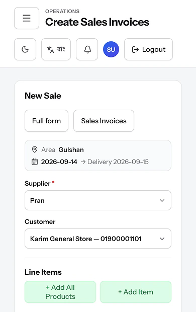 Sales rep quick sale screen on a phone with area and delivery date pre-filled and a shop selected