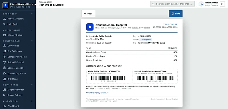 Diagnostic order slip with barcode sample labels and promised delivery time