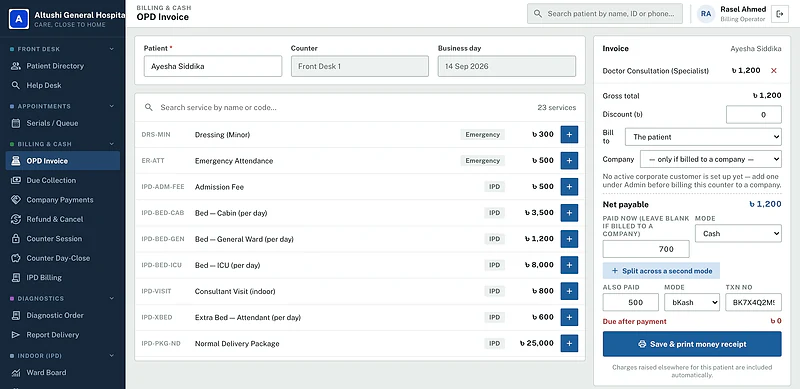 OPD invoice with doctor-ordered tests and split payment