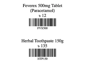 Printed barcode labels with product name and taka price