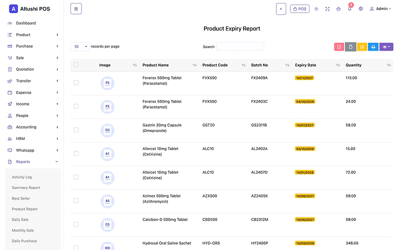 Product expiry report listing medicine batches by expiry date