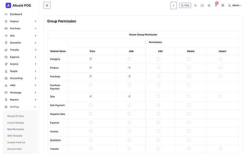 Role permission matrix for the shop owner role