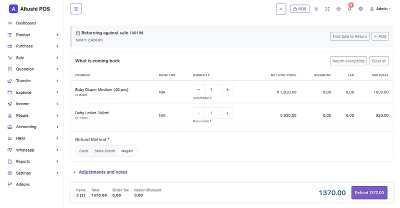 Partial sale return with the returnable quantity for each line and the refund method
