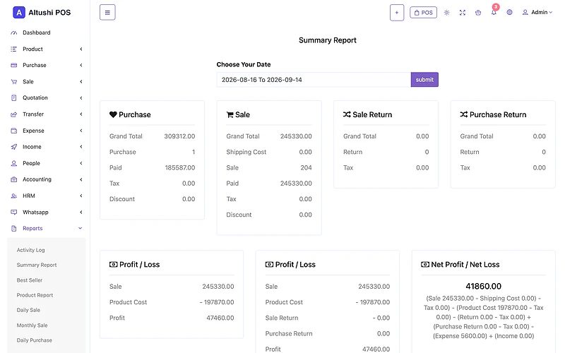 Summary profit and loss report for the last 30 days